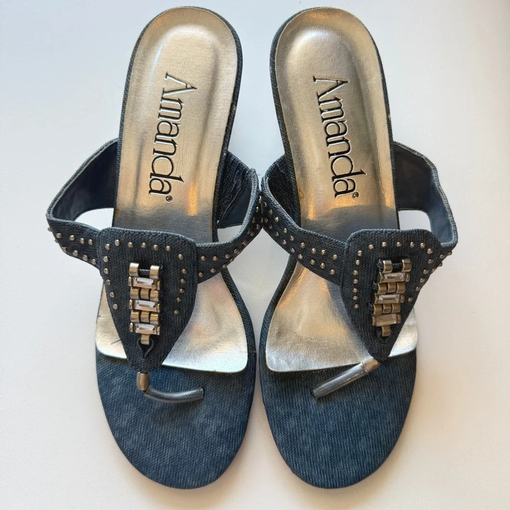 Amanda Clam Digger Blue Denim Studded Rhinestone Chrome Wedge Sandals Womens 6M